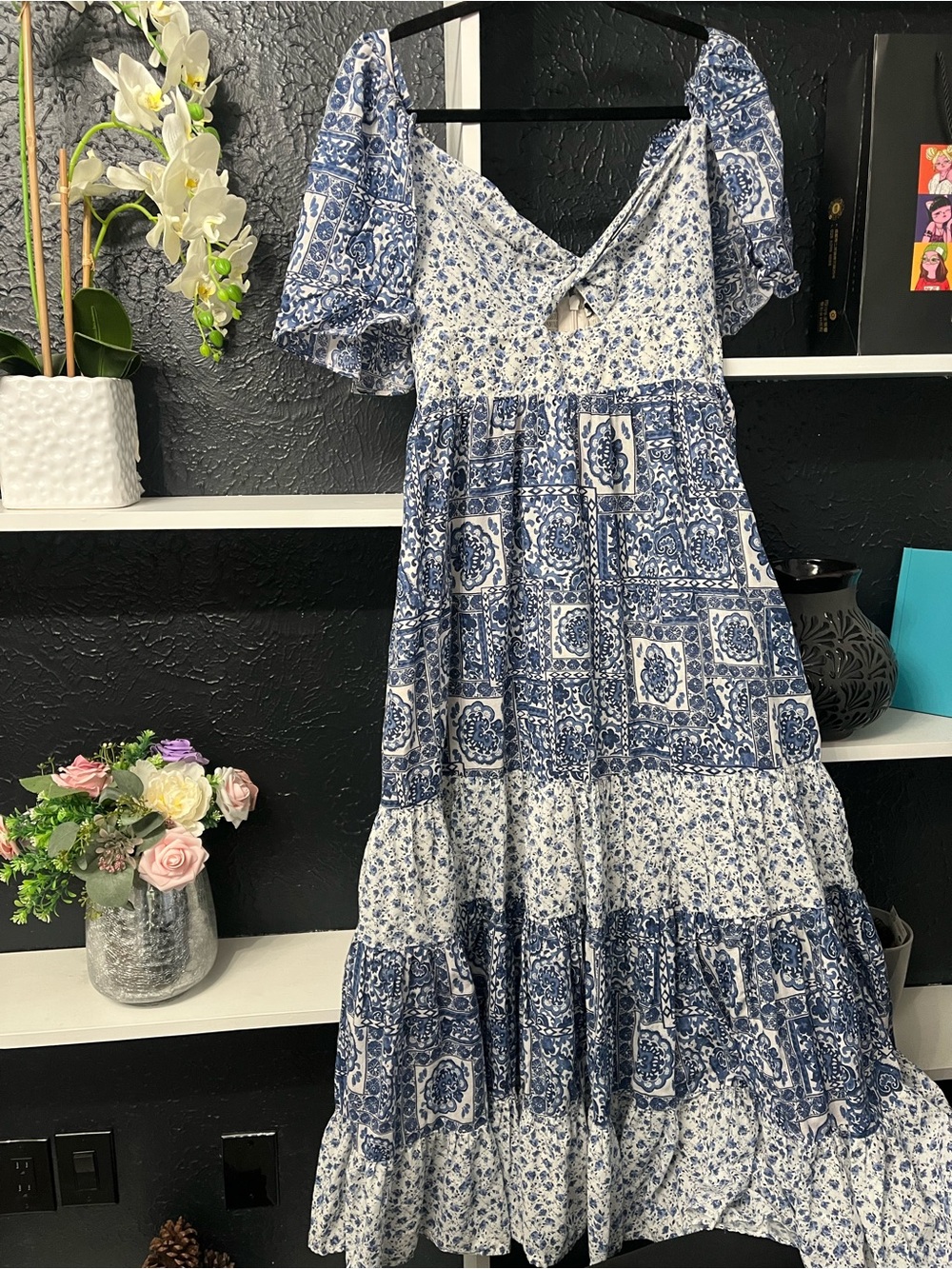 Abercrombie & Fitch Blue Printed Tie-Front Maxi Dress L